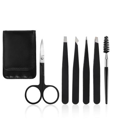 Tweezers for women Pinkiou 6 Pieces Eyebrow Tweezers Set with Curved Scissors Eyelash Brush Great Precision tweezer for Eyebrow Ingrown Hair Facial Hair Removal eyebrow kits with Leather Travel Case