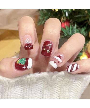 Vatocu Christmas False Nails Short Red Nude Fake Nails Snowflakes Xmas Press on Nails Snowman Tree Acrylic Stick on Nails for Women and Girls(24pcs)