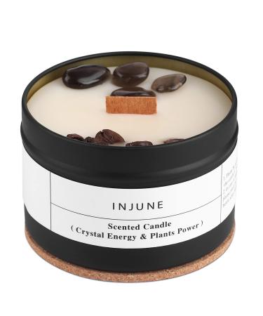DNAMOFV Injune coffee fragrance candles for dad Father's day gift wooden dowing candles organic soy candle with obsidian & coffee bean gifts for women men burn 50 hours 200g coffee