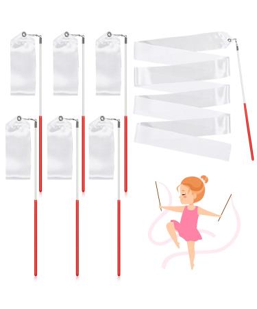 HyDren White Gymnastics Ribbon Rhythmic Dancing Streamers Praise Ribbon Dancer Wand Twirling Baton for Adults Kids Ribbon Streamers for Talent Shows Artistic Dancing (6 Pieces)
