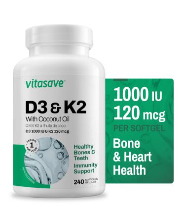 Vitasave Vitamin D3 & K2 Softgels - High Potency 1000 IU D3 & 120 mcg K2 (240 Softgels) 240 count (Pack of 1)