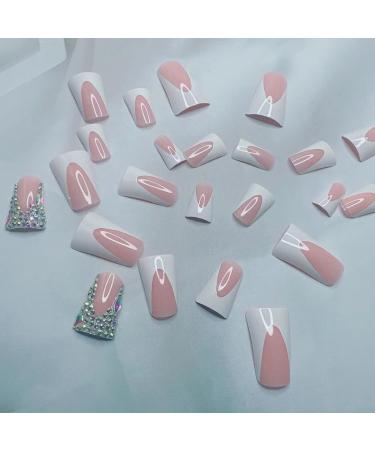 Buy French Tip Press on Nails - Medium Square Glossy Pink & White Duckbill Design - Reusable Rhinestone Fake Nails | Cute Duck Feet Full Cover Acrylics - Buy Online on SooperMarket.com