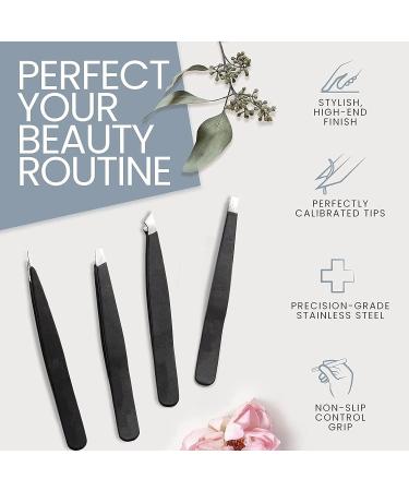 5 in 1 Stainless Steel Tweezers Set for Precision Hair Removal - Includes Eyebrow Scissors - Black Tweezers for Ingrown Hair, Splinters - Buy Online on SooperMarket.com