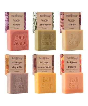 Bali Soap - Batik Gift Set - Handmade Moisturizing Natural Soap Bar for Face & Body Vegan Handmade Plant Based 3.5 Oz each Mix 6 Pack (Jasmine/Lemongrass/Ginger/Magnolia/Papaya/Sandaldwood) 3.5 Ounce (Pack of 6) Jasmine/Lemongrass/Ginger/Magnolia/Papaya/S