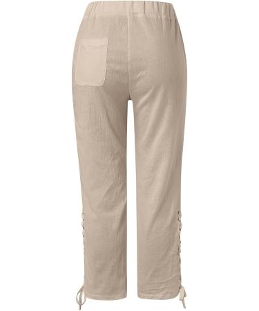 Womens Linen Capri Pants with Side Hollow Out Detail, Boho Summer Beach Pants with Pockets - Khaki XX-Large - Buy Online on SooperMarket.com