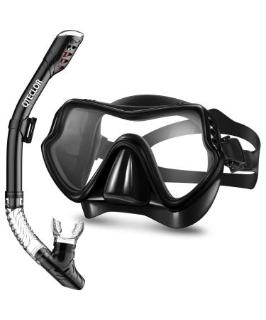 Snorkel Mask Set Snorkeling Gear Dry Snorkel Set and Mask Kids Adults Anti Fog 180 Degree Seaview with Mesh Bag, Scuba Diving Swimming Training Equipment Men Women Black Adults