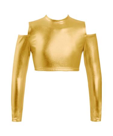 FEESHOW Youth Girls Long Sleeve Turtle-Mock neck Sports Dance Crop Top T-Shirt Gym Yoga Leotard Dancewear C Gold 10 Years