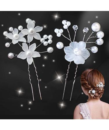 2 Pieces Wedding Hair Pins Elegant Bridal Hair Pins White Pearl Hair Pins Wedding Hair Accessories for Brides Bridesmaids Flower Girls Wedding and Ball (Two Styles)
