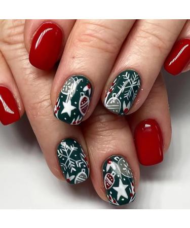Brishow Christmas False Nails Snow Press on Nails Christmas Tree Stick on Nails Antler Short Red Fake Nails 24pcs for Women and Girls (f)