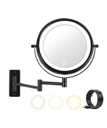 Wall Mounted Lighted Makeup Mirror 10X LED Magnifying Mirror with 3 Color Lights, Double Sided, Touch Screen Dimming, Extension Bathroom Vanity Mirror (Black, 10X)