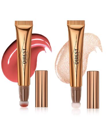 2 Color Contour Beauty Wand  Liquid Face Concealer Pen  Highlighter and Blush Rouge Stick with Cushion Applicator Attached Easy to Blend. (03 Blush Peach+04 Highlight Pearl White)