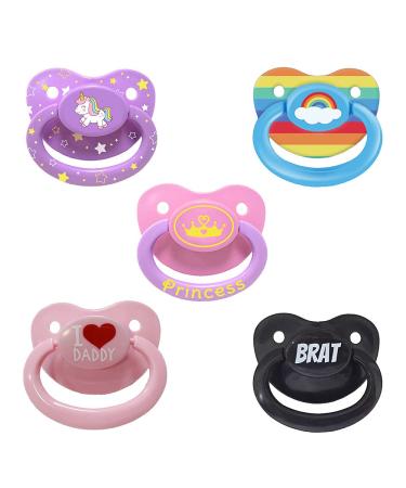 LittleSchude Schnuller in adult size 5-pack for adult babies large handle large shield brave rainbow dad unicorn princess.