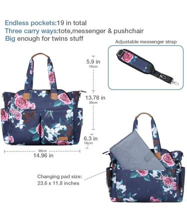 Lekebaby Large Baby Changing Bag with Stylish Rose & Flower Pattern | Nappy Bag for Mom & Dad with Changing Mat - Buy Online on SooperMarket.com