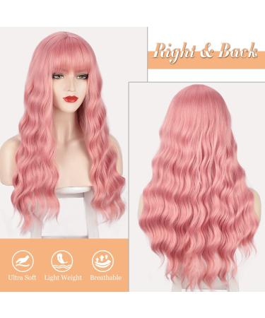 AISI BEAUTY Pink Wig with Bangs - 24 Inch Synthetic Long Wavy Pink Wig for Women - Halloween Cosplay Party Hairpiece - Buy Online on SooperMarket.com