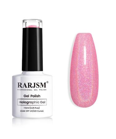RARJSM Hot Pink Holographic Gel Nail Polish Laser Rainbow Glitter Reflective Iridescent Gel Polish Curing Required Unicorn Mirror Chrome Effect Soak off for Summer DIY Salon Home Manicure 7.5ML