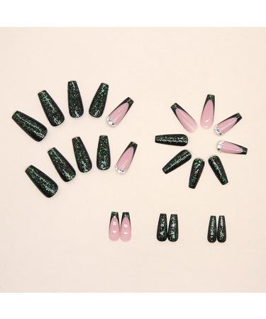 Green Rhinestone French Tip Press on Coffin Nails - Medium Full Cover Glitter Acrylic False Nails for Women - Buy Online on SooperMarket.com