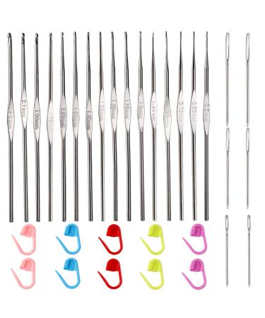 16 PCS Lace Crochet Hooks Set, 0.5mm-2.5mm Aluminum Crochet Hooks Set with 6 PCS Large-Eye Blunt Needles and 10 PCS Stitch Markers, Perfect for Lacework 33 PCS