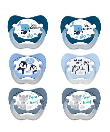 NIP Value Pack Silicone Pacifier Family with Ring Size 3. (18-32 mo.) 6-Pack Boys BPA free made in Germany