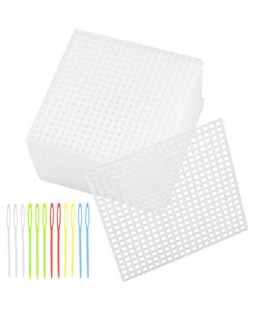 WXJ13 40 Pieces Plastic Mesh Canvas Sheets 7 Count Clear Plastic Canvas Sheets with 12 Pieces Sewing Needles for Embroidery Knit and Crochet Projects (3.2 x 3.2 Inch)