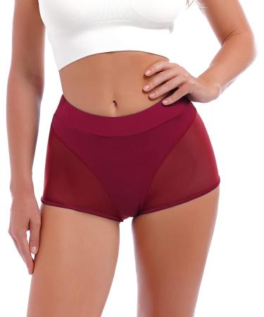 Women High Waist Mesh Tulle Spliced Yoga Shorts in Wine Red - Medium - Buy Online on SooperMarket.com