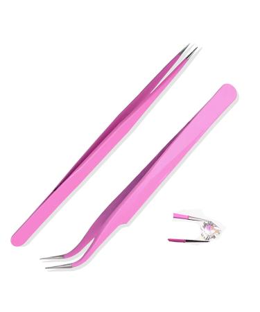 Pack of 2 Pointed Tweezers Curved and Straight Pink Stainless Steel for Decorative Nails Eyebrow Eyelash Plucking