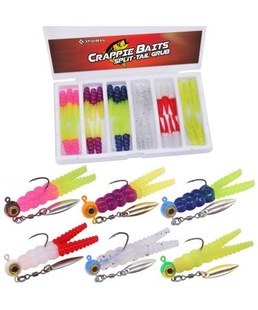Crappie Jigs and Lures Kit -135 & 40 Piece Set with Plastics, Jig Heads, Split-Tail Grub Baits - Perfect for Crappie Fishing, Panfish Lures Split-Tail Grub 40 pc. KIT Combo 1