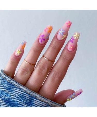 Aksod Colorful Press on Nails Matte Long Coffin Fake Nails Desinged Pink Artificial Flower False Nails Full Cover Rustic Ballerina Nails Tips for Women and Girls 24Pcs (C)