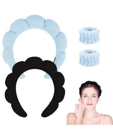 Spa Headband for Washing Face Makeup Headband Bubble Skincare Headbands with Face Wash Wristbands Terry Cloth Headband Soft Puffy Headband for Women Gifts Black+Blue