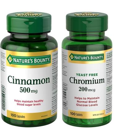Nature's Bounty Cinnamon 500mg Pills and Herbal Health Supplement Helps Maintain Blood Sugar Levels 100 Capsules & Chromium Supplement Helps Metabolize Carbohydrates and Fats 200mcg 100 Tablets