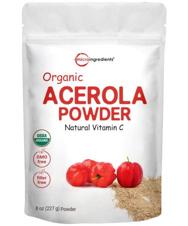 Pure Acerola Cherry Powder Organic, Natural Organic Vitamin C for Immune System Booster, 8 Ounce, Best Superfoods for Beverage, Smoothie and Drinks, Vegan Friendly, Brazil Origin 8 Ounce (Pack of 1)