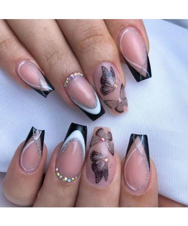 Black Press on Nails Medium Length Coffin Nude Fake Nails Butterfly Glitter Design Acrylic Glue on Nails Full Cover False Nails 24Pcs/Set Style 1