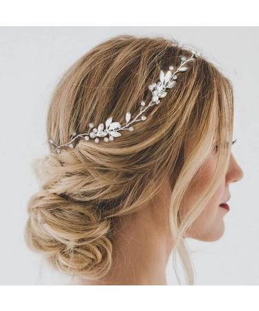 EASEDAILY Rhinestone Bride Wedding Hair Vine Silver Leaf Crystal Bridal Headpiece Headband Hair Accessories for Women and Girls A-Silver