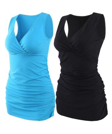 ZUMIY Maternity Nursing Top Pregnant Breastfeeding Shirt Women's Cotton V Neck Ruched Waist Double Layered Tank L Black+lake Blue/2-pk