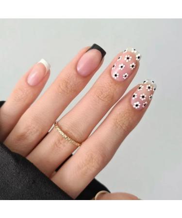 JUSTOTRY 24 Pcs Daisy Short False Nails Square Black French Press on Nails with Flower Pattern Pretty Fake Nails Short with Nail Glue Stick on Nails for Women Squoval Nails Fake Nail for Nails Art flower&Black2