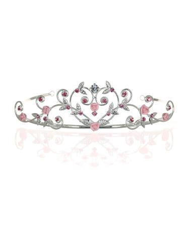 Rose Flower Rhinestone Crystal Wedding Tiara Crown - Pink Roses | Silver Plated - Buy Online on SooperMarket.com