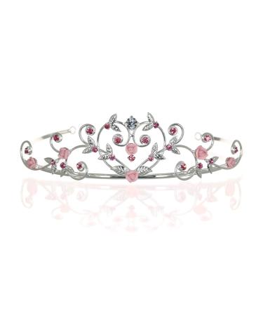 Rose Flower Rhinestone Crystal Wedding Tiara Crown - Pink Roses Silver Plating