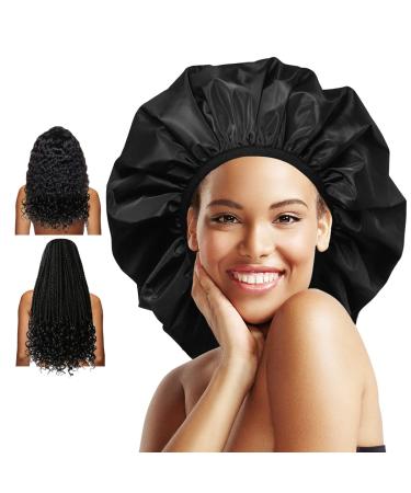 Auban Extra Large Shower Cap, Double-Layer Waterproof Reusable, XL Satin Lining Shower Bonnet for Women Thick, Long Hair, Locs, Braids(Black)