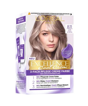 L'Or al paris permanent hair color color result 100% gray hair cover set with coloring shampoo and care cream excellence cool cream No. 8.11 Ultra cooling light blonde (blond) Ultra cooling light blonde 258 g (1 Pack)