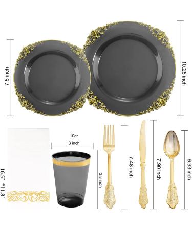 Nervure 175PCS Clear Black & Gold Plastic Plates Set for 25 Guests - Ideal for Parties & Halloween - Buy Online on SooperMarket.com