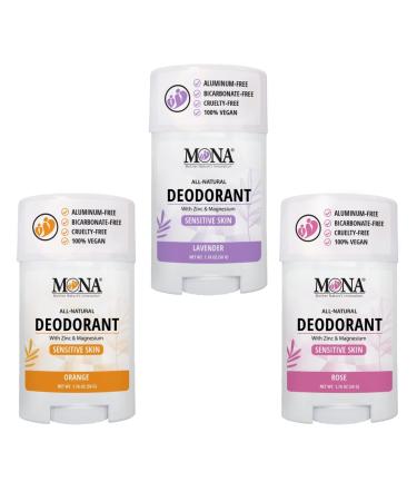 MONA BRANDS All Natural Deodorant For Women & Men | For Sensitive Skin | No Aluminum or Baking Soda | (3-Pack VARIETY-1 1.76 Oz each)