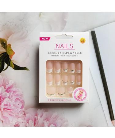 White Rhinestone French Tip Press on Toenails - 48Pcs Full Cover False Nails for Women - Buy Online on SooperMarket.com