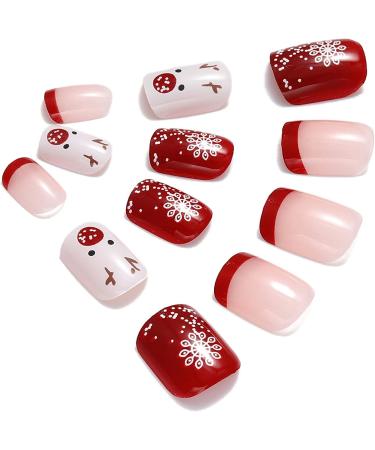 Vatocu Christmas False Nails - Short Red Snowflake & Elk Press on Nails | Snowman Acrylic Stick on Nails for Women & Girls (24pcs) - Buy Online on SooperMarket.com