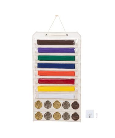 VISEMAN Taekwondo Belt Display,Karate Martial Arts Belt Holder with Leather Edge Wall Hanging Display for 8 Belts,Hold 10 Medals White