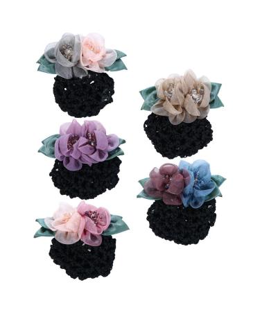 Women Hair Bun Net Snood Crochet Net Bun Hair Cover Flower Decor Barrette Hair Clip Ribbon Flower Hairgrips Lace Flower Hair Accessories (5 Colors)