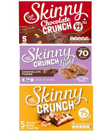 Skinny Crunch Bar Bundle - Skinny Crunch Chocolate Fruit & Nut 5x24g Skinny Crunch Peanut Butter 5x20g and Skinny Crunch Light Chocolate Fudge 5x19g