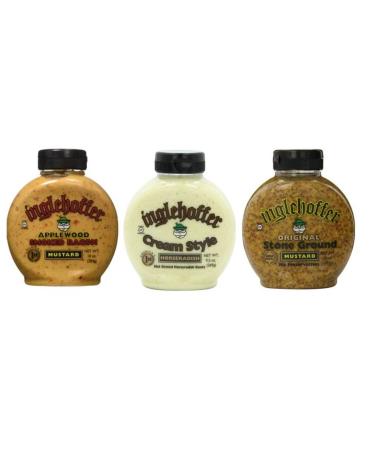 Inglehoffer Mustard 3 Flavor Variety Bundle: (1) Inglehoffer Original Stone Ground Mustard, (1) Inglehoffer Cream Style Horseradish, and (1) Inglehoffer Applewood Smoked Bacon Mustard, 9.5-10 Oz. Ea.