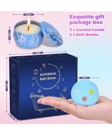 Mother's Day Gift Set: 6 Handmade Organic Bath Bombs with 3 Scented Candles - Bath Set Gifts for Women, Mom, Kids - Blue - Buy Online on SooperMarket.com