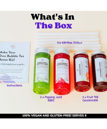 Bubble Tea Kit - Mango & Strawberry with Apple & Strawberry Popping Boba | Serves 6 | Low Calorie & Low Sugar Fruit Tea Concentrate - Buy Online on SooperMarket.com