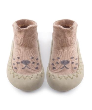Toddler Sock Shoes Cute Baby First Walking Shoes Soft Sole with Grips for Boys Girls 18-24 Months Coffee