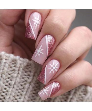 Vatocu Christmas False Nails Short Red Press on Nails Snowflakes Elk Fake Nails Snowman Acrylic Stick on Nails for Women and Girls(24pcs)
